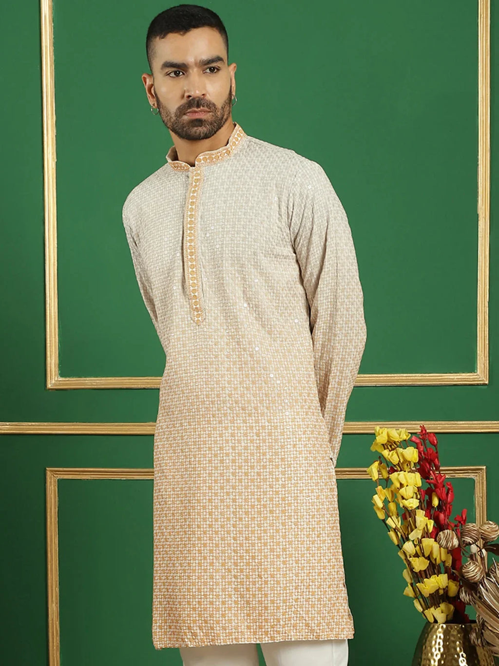 Men's Embroidered Kurtas-KO-5025Mustard