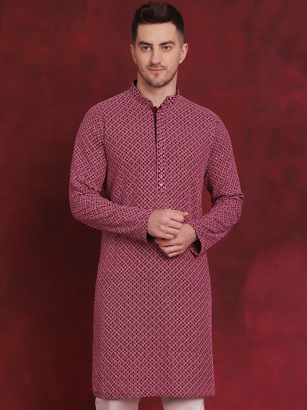 Men Sequin Embroidered Pure Cotton Kurtas ( KO 5028Magenta )