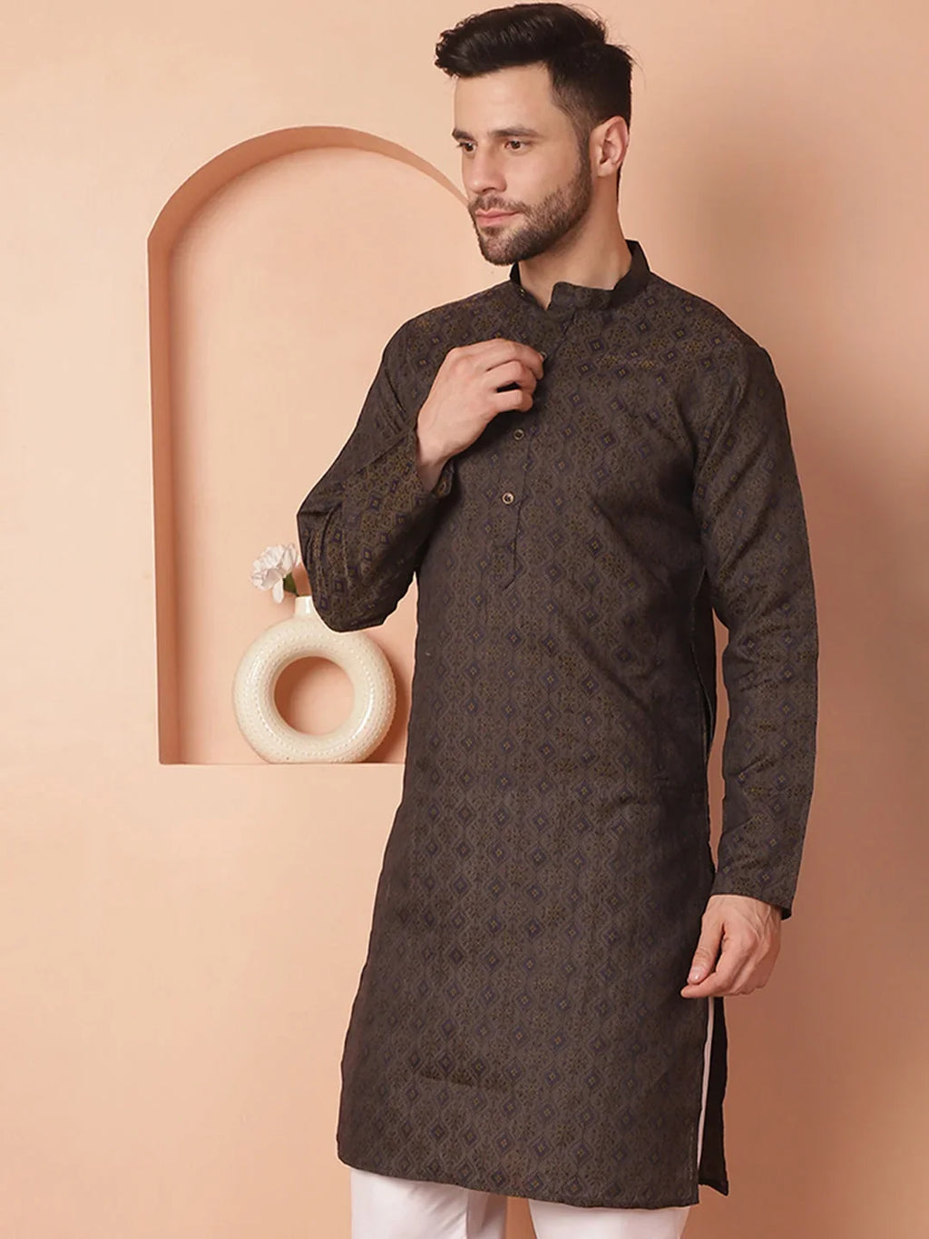 Woven Design Silk Blend Kurtas-KO-5034Navy