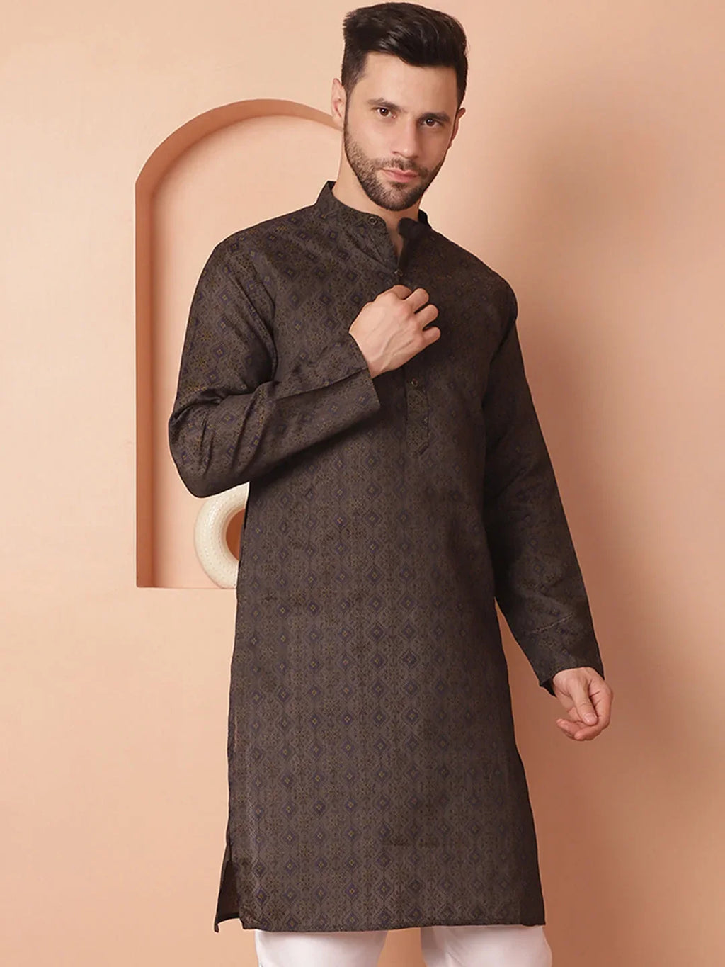 Woven Design Silk Blend Kurtas-KO-5034Navy