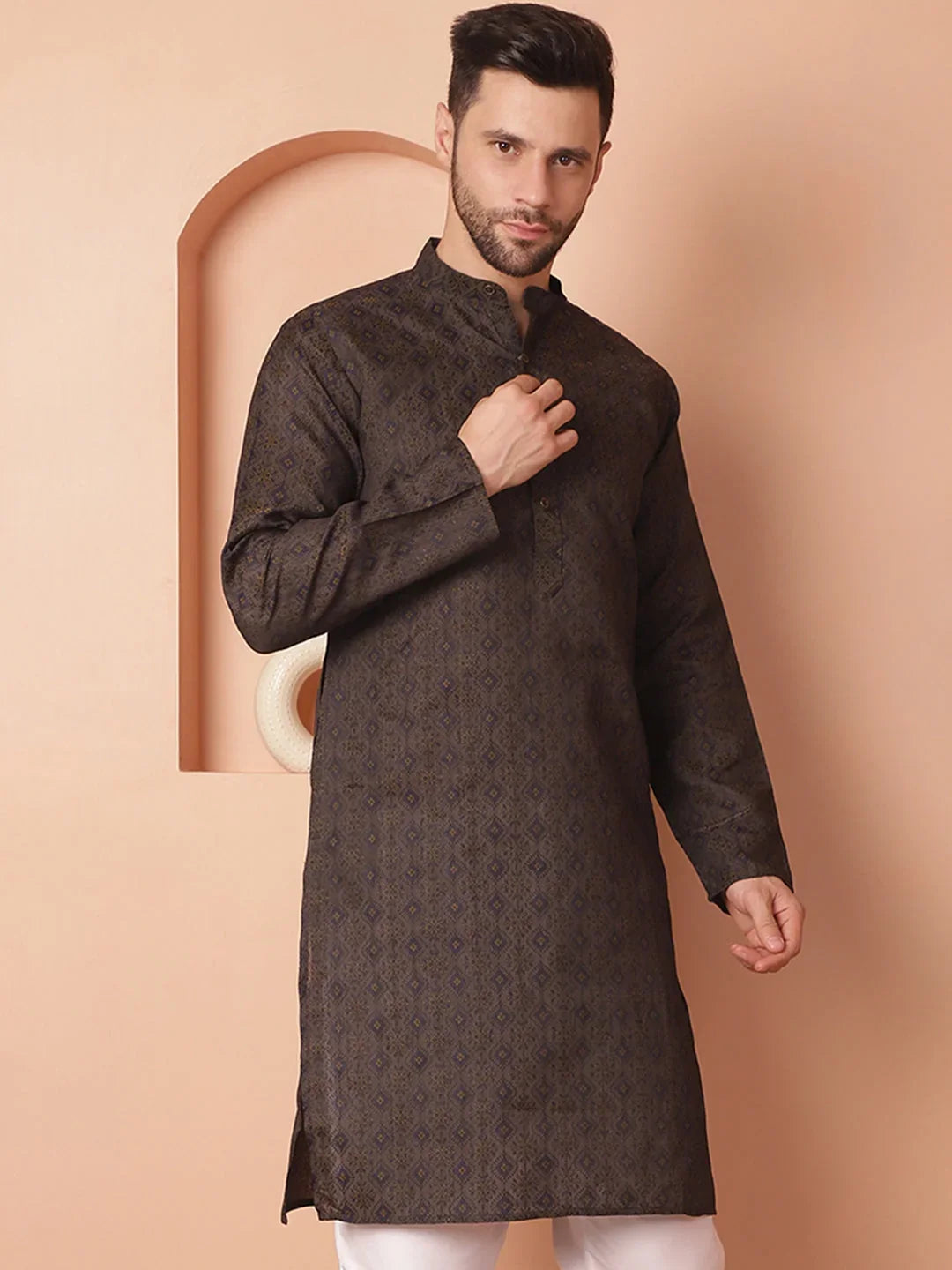 Woven Design Silk Blend Kurtas-KO-5034Navy