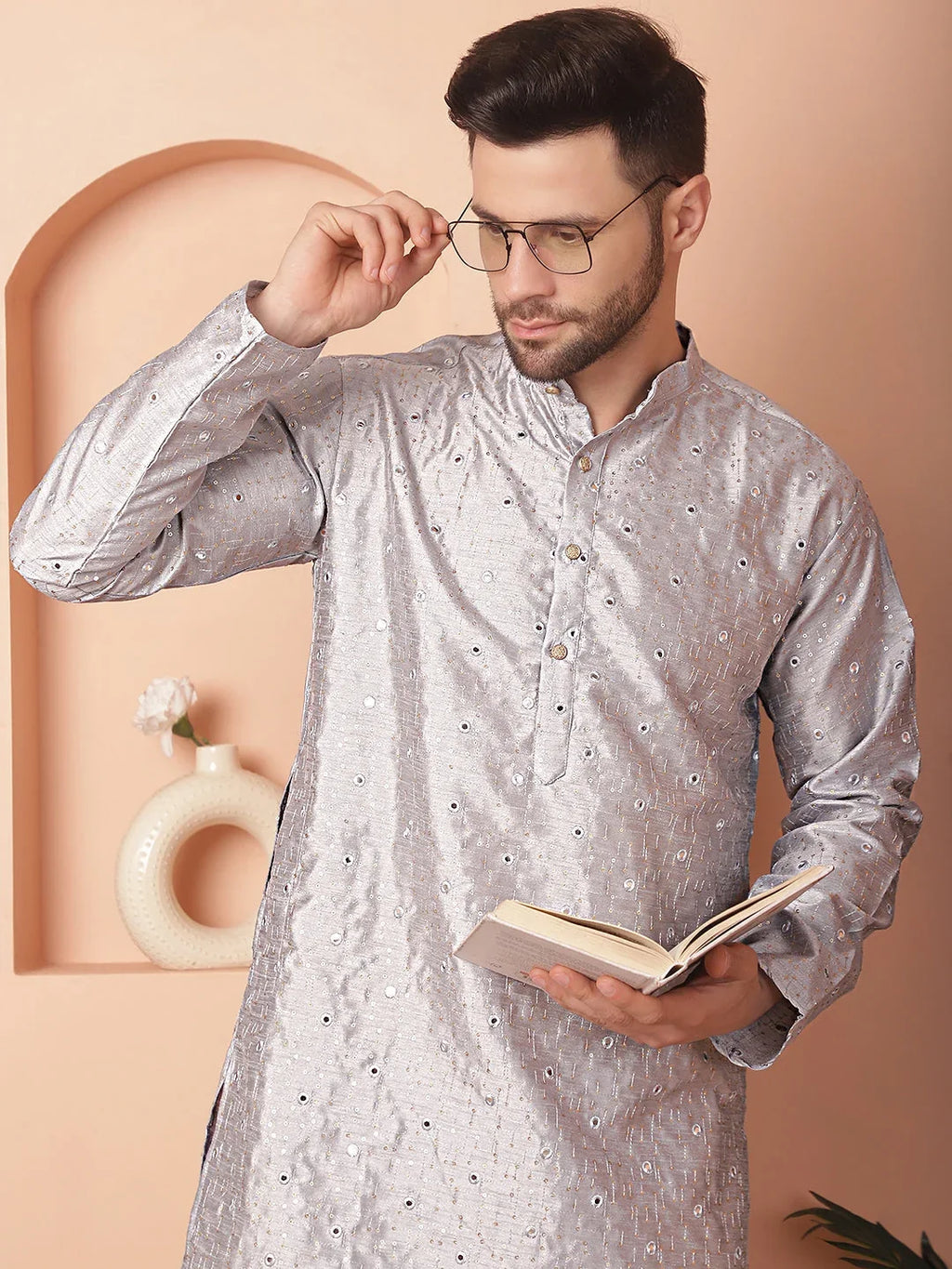 Men's Embroidered Mirror Work Kurtas-KO-5035Grey