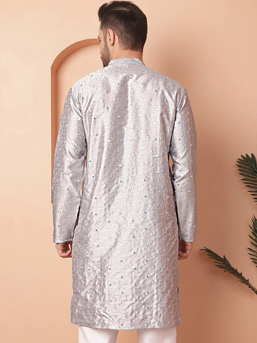Men's Embroidered Mirror Work Kurtas-KO-5035Grey