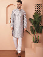 Men's Embroidered Mirror Work Kurtas-KO-5035Grey