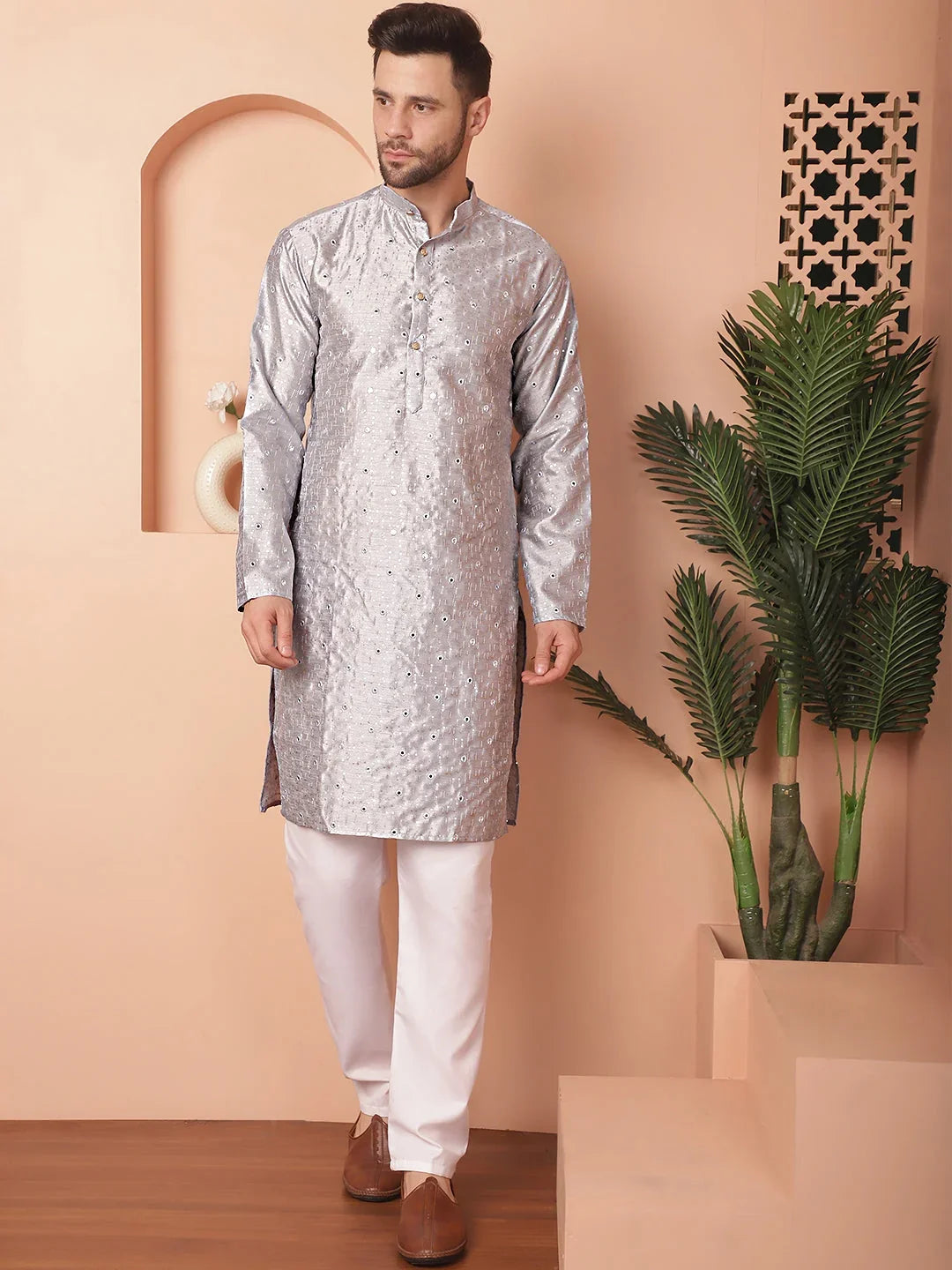 Men's Embroidered Mirror Work Kurtas-KO-5035Grey