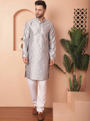 Men's Embroidered Mirror Work Kurtas-KO-5035Grey