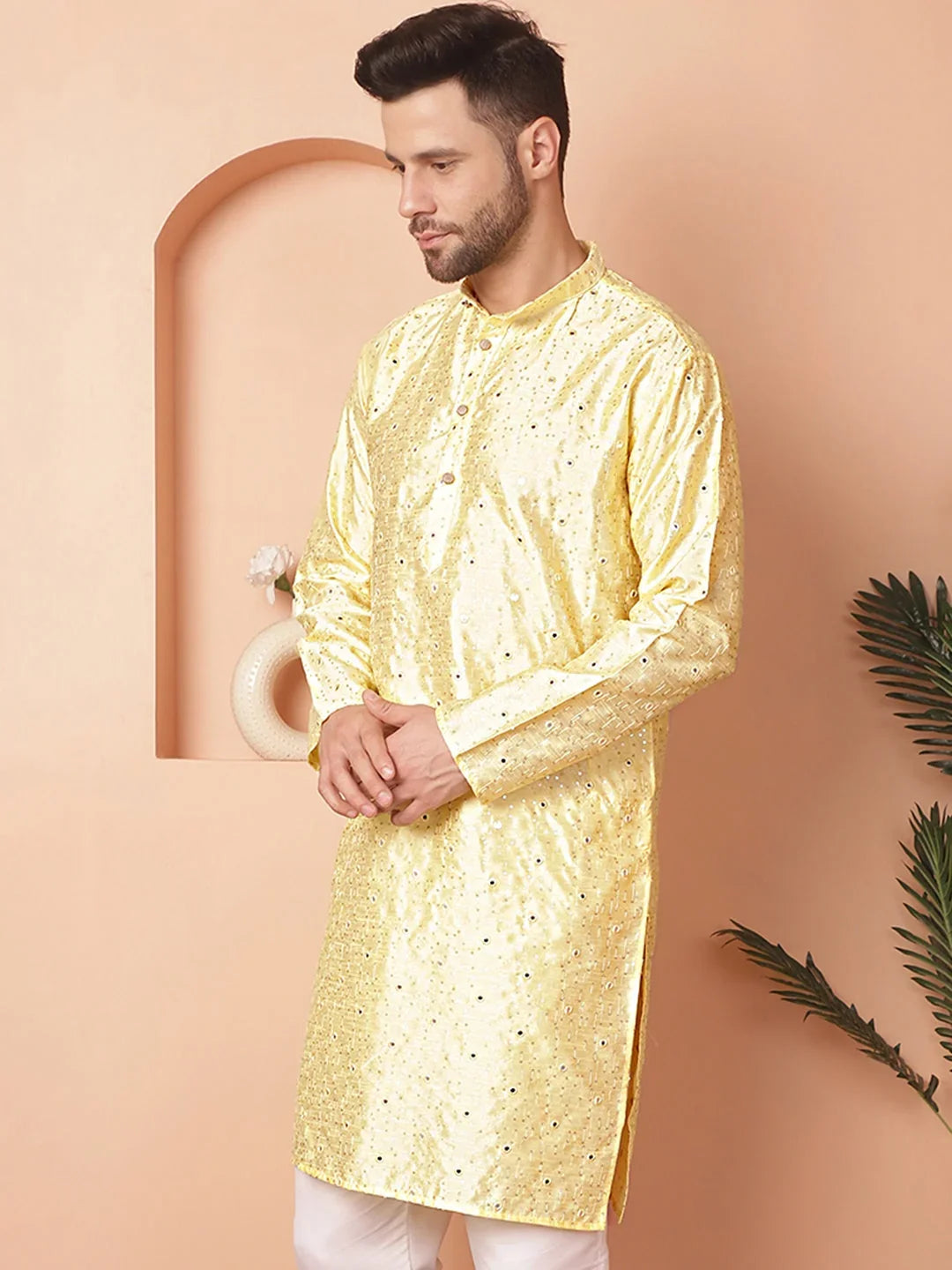 Men's Embroidered Mirror Work Kurtas-KO-5035Yellow