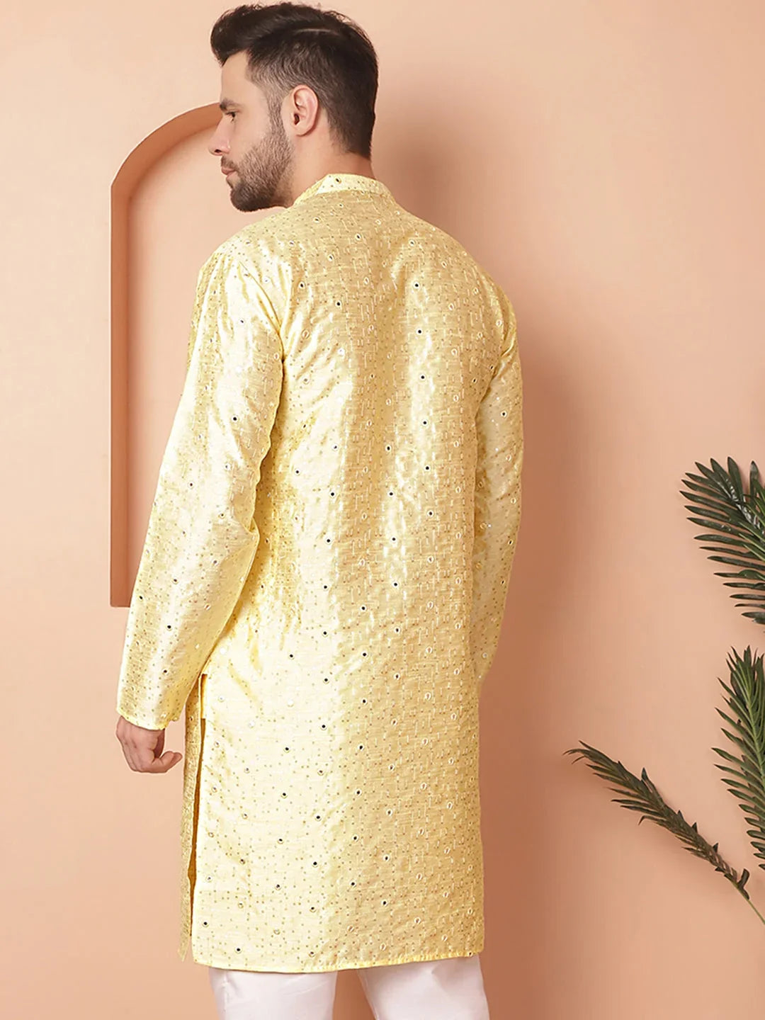 Men's Embroidered Mirror Work Kurtas-KO-5035Yellow
