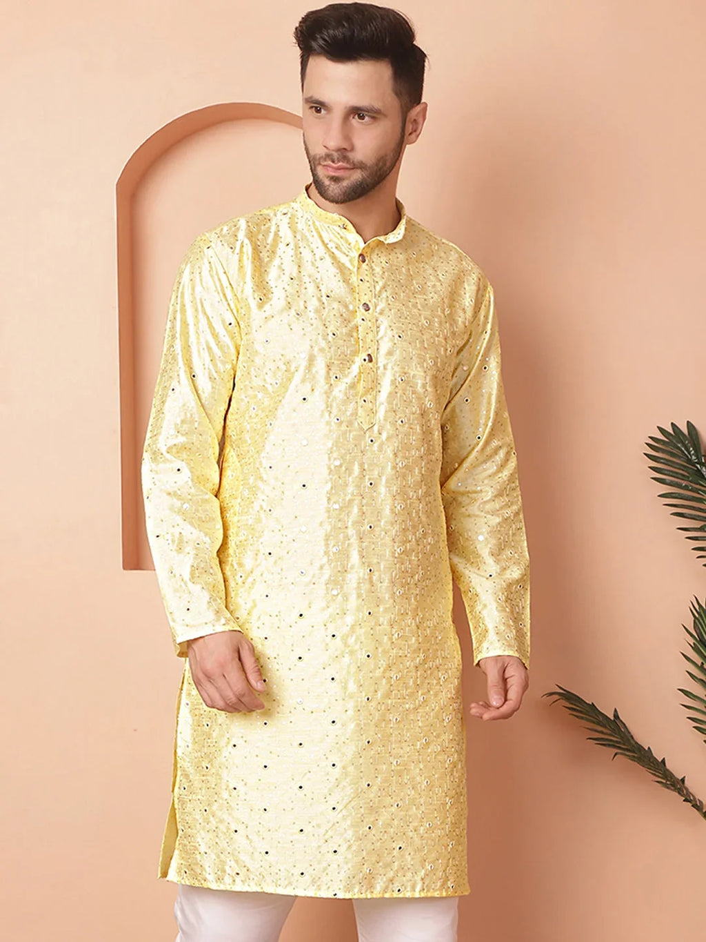 Men's Embroidered Mirror Work Kurtas-KO-5035Yellow