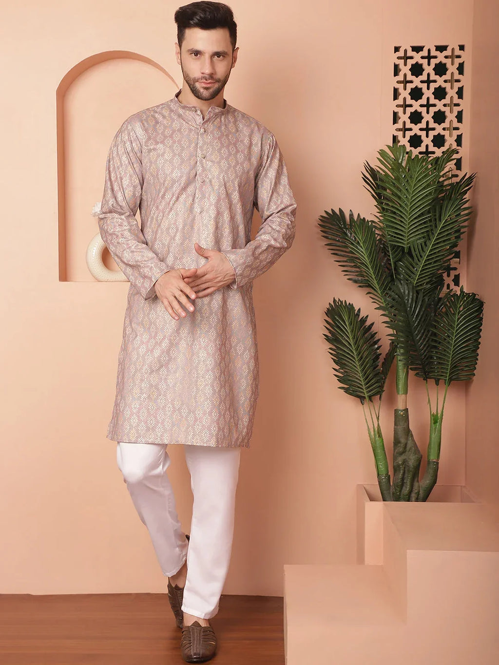 Peach Foil Printed Kurtas-KO-5036Peach