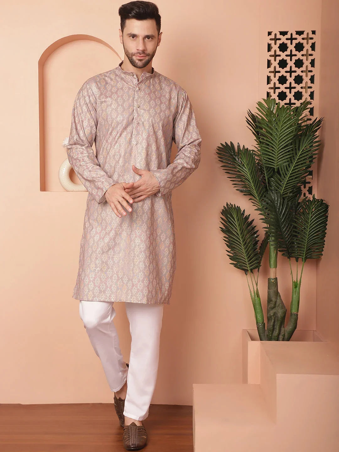 Peach Foil Printed Kurtas-KO-5036Peach