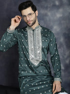 Men's Sequins Embroidered Kurtas ( KO 5038Olive )