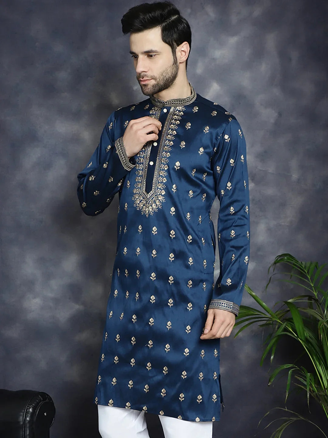 Blue Cotton Solid Indian Wear KO_5042Navy | DesiQlo