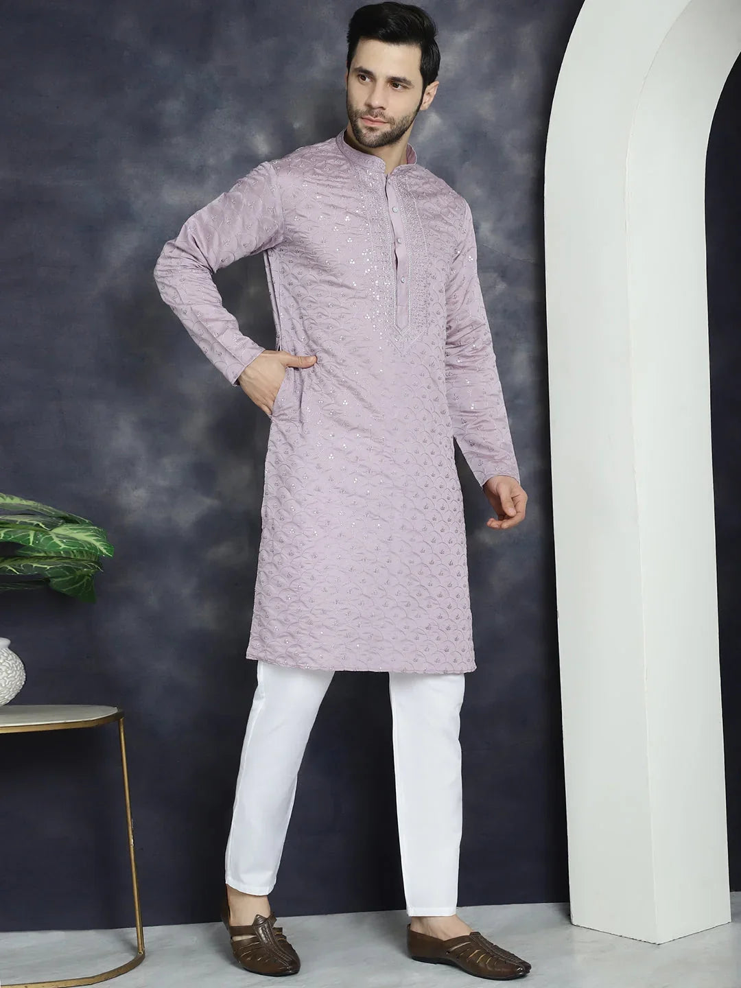 Men's Sequins Embroidered Kurtas ( KO 5044Purple )