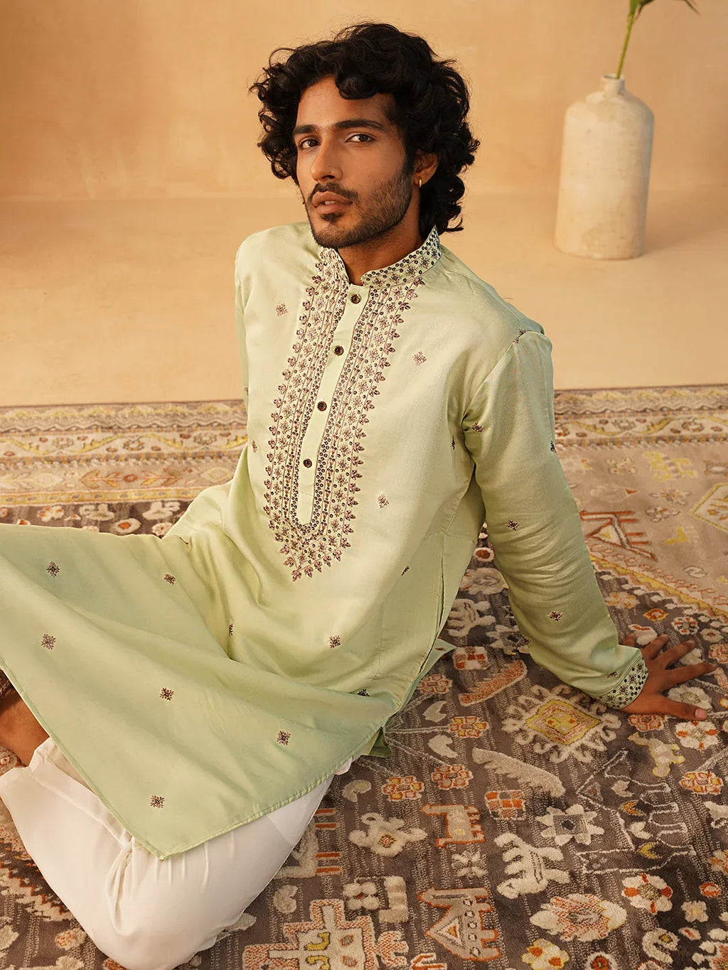 Men's Sequins Embroidered Kurtas-KO-5046Pista