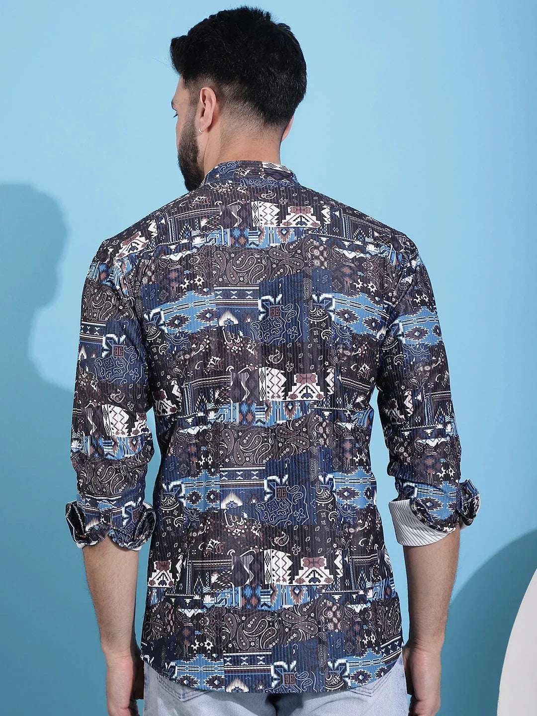 Men Printed Corduroy Short Kurta-KO-5050Black