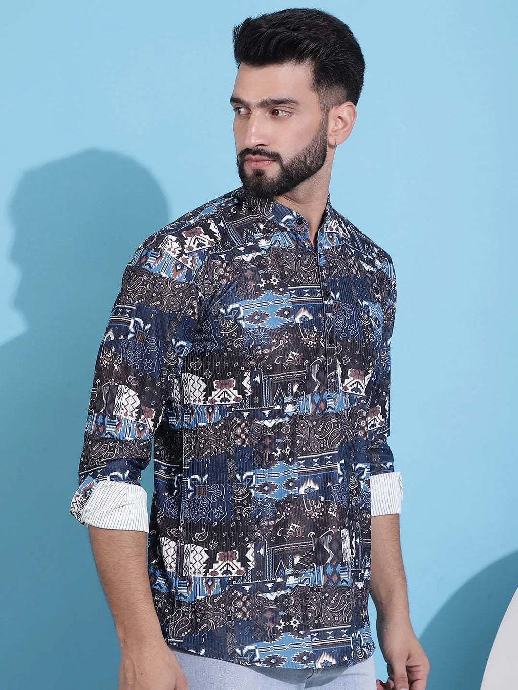 Men Printed Corduroy Short Kurta-KO-5050Black