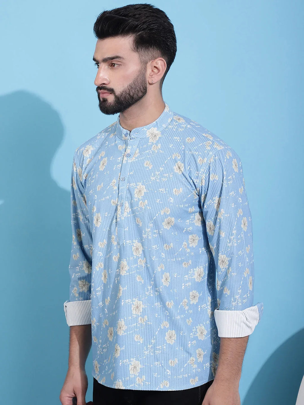 Men Printed Corduroy Short Kurta-KO-5050Blue