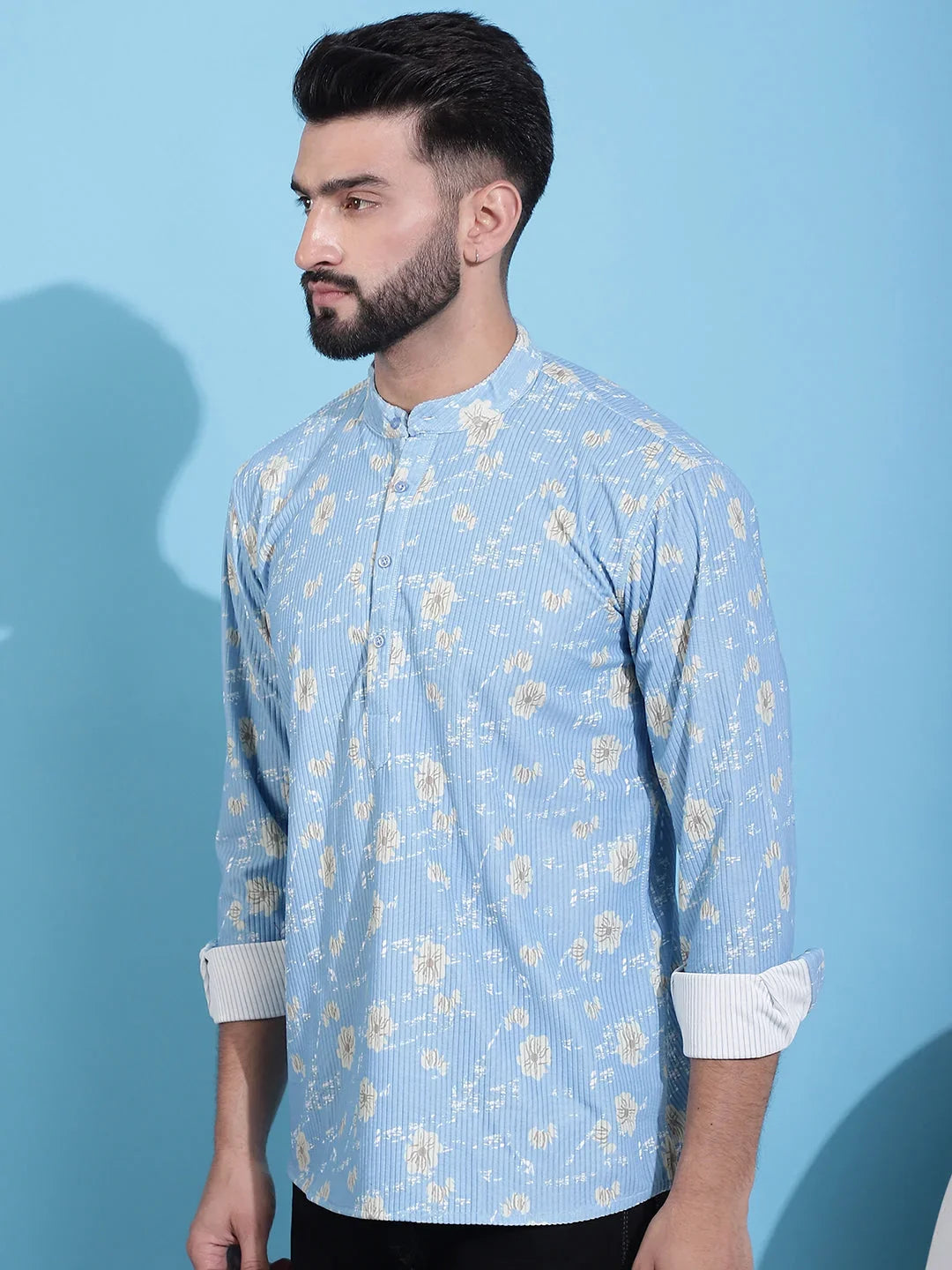 Men Printed Corduroy Short Kurta-KO-5050Blue