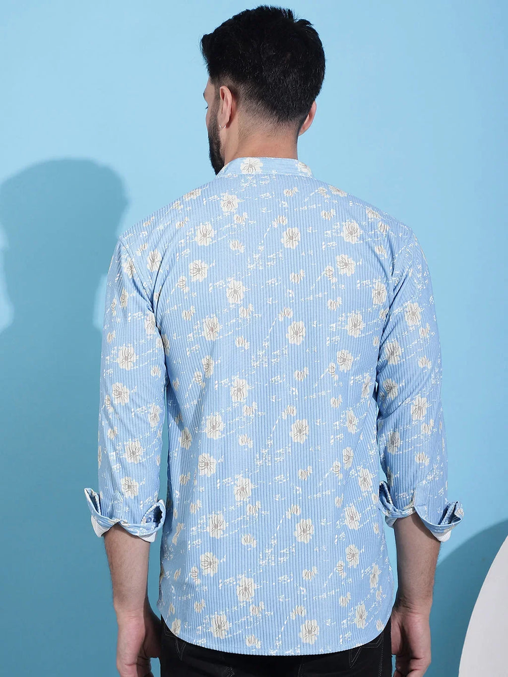 Men Printed Corduroy Short Kurta-KO-5050Blue