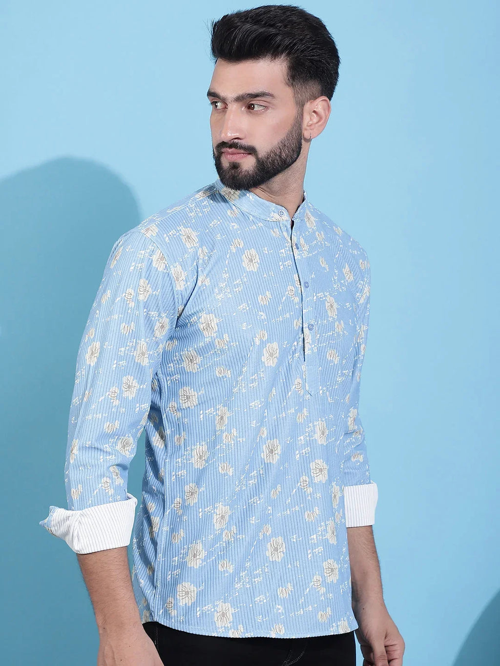 Men Printed Corduroy Short Kurta-KO-5050Blue