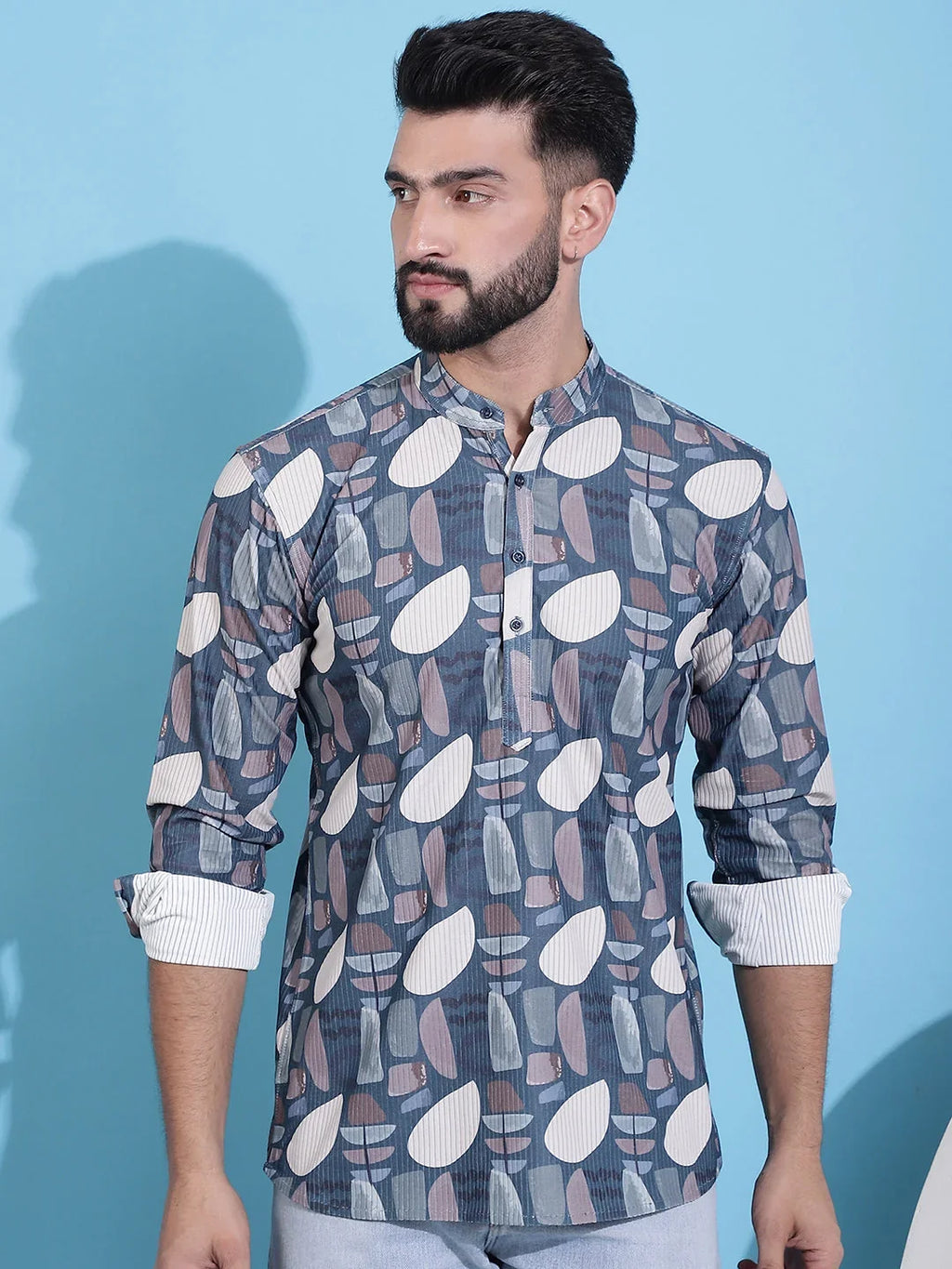 Men Printed Corduroy Short Kurta-KO-5050Grey