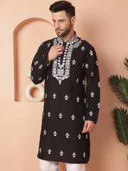 Men's Black Chikankari Embroidered Kurtas-KO-5051Black