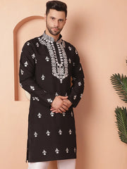 Men's Black Chikankari Embroidered Kurtas-KO-5051Black