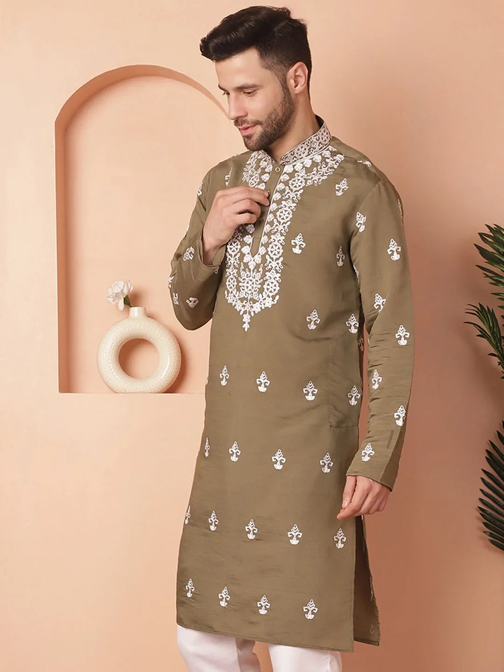 Men's Olive Chikankari Embroidered Kurtas-KO-5051Olive
