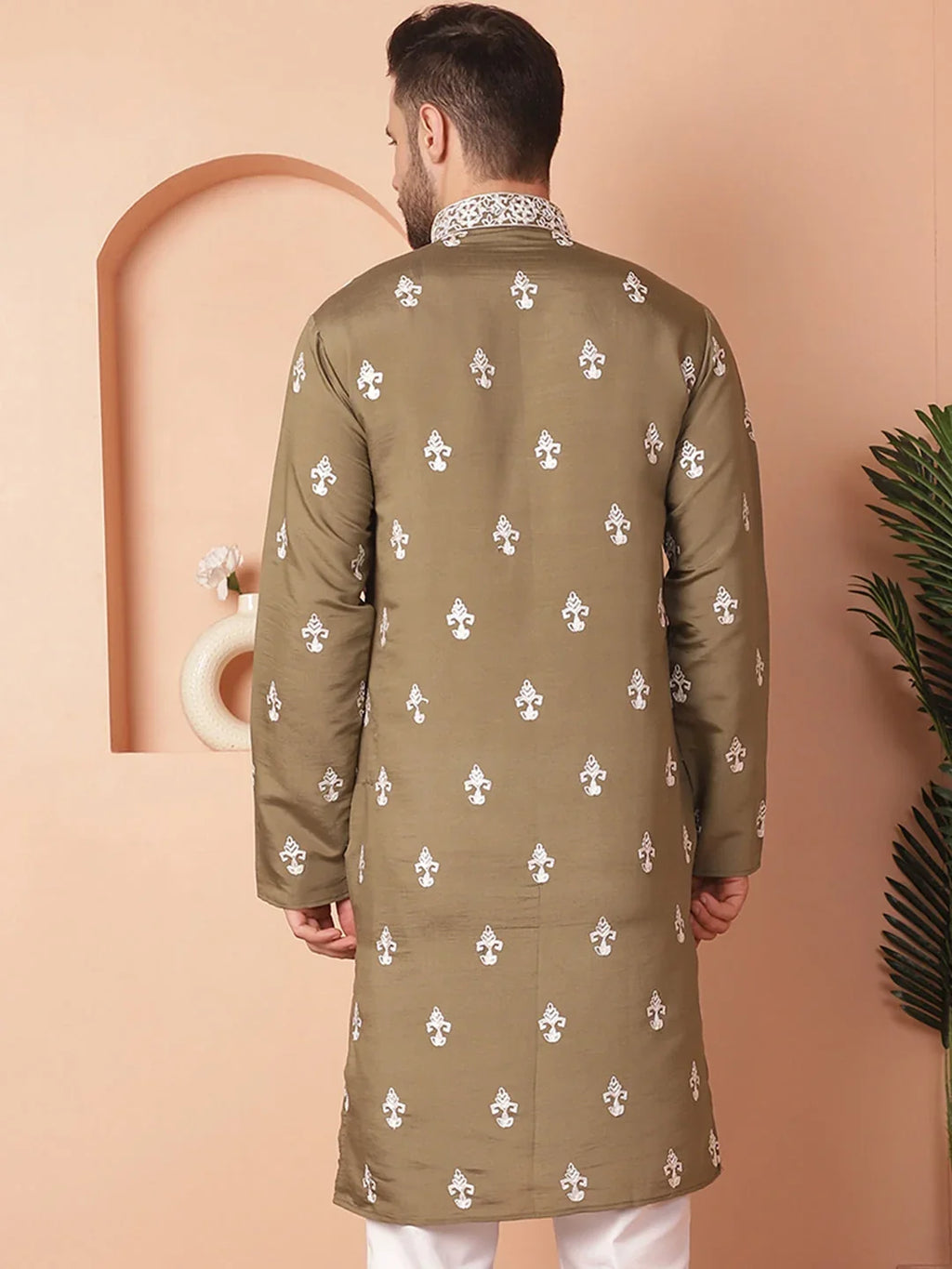 Men's Olive Chikankari Embroidered Kurtas-KO-5051Olive