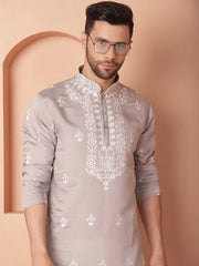 Men's Grey Chikankari Embroidered Kurtas-KO-5051Grey