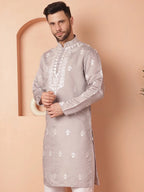 Men's Grey Chikankari Embroidered Kurtas-KO-5051Grey