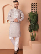Men's Grey Chikankari Embroidered Kurtas-KO-5051Grey