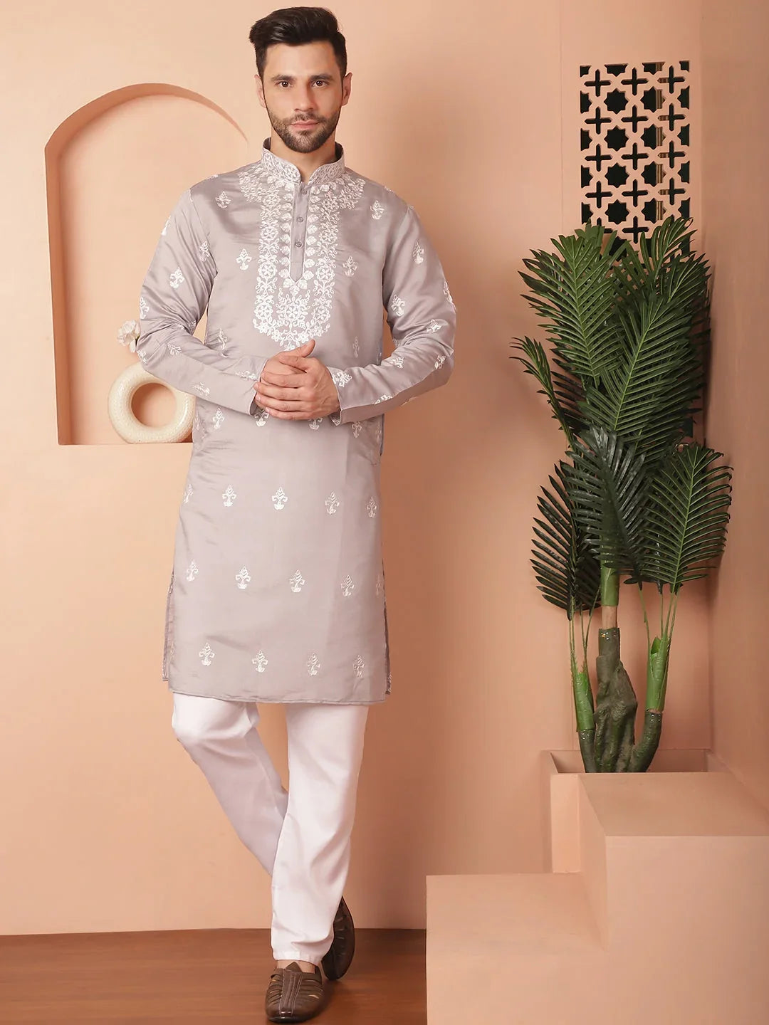 Men's Grey Chikankari Embroidered Kurtas-KO-5051Grey