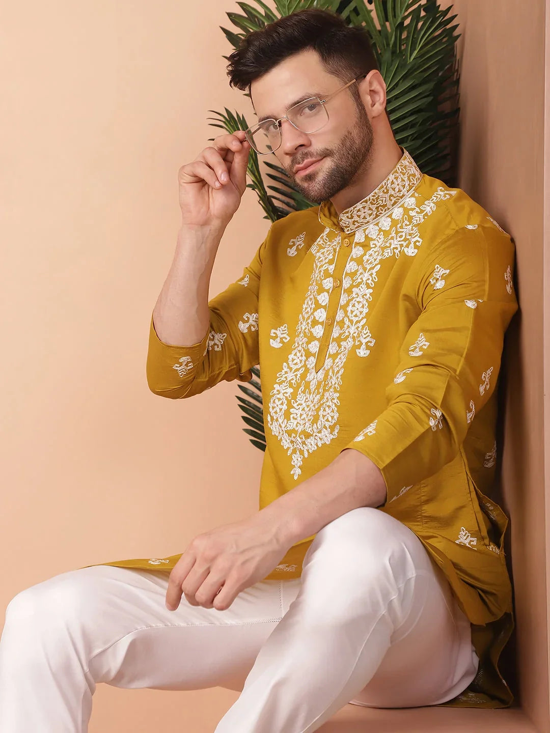 Men's Mustard Chikankari Embroidered Kurtas-KO-5051Mustard