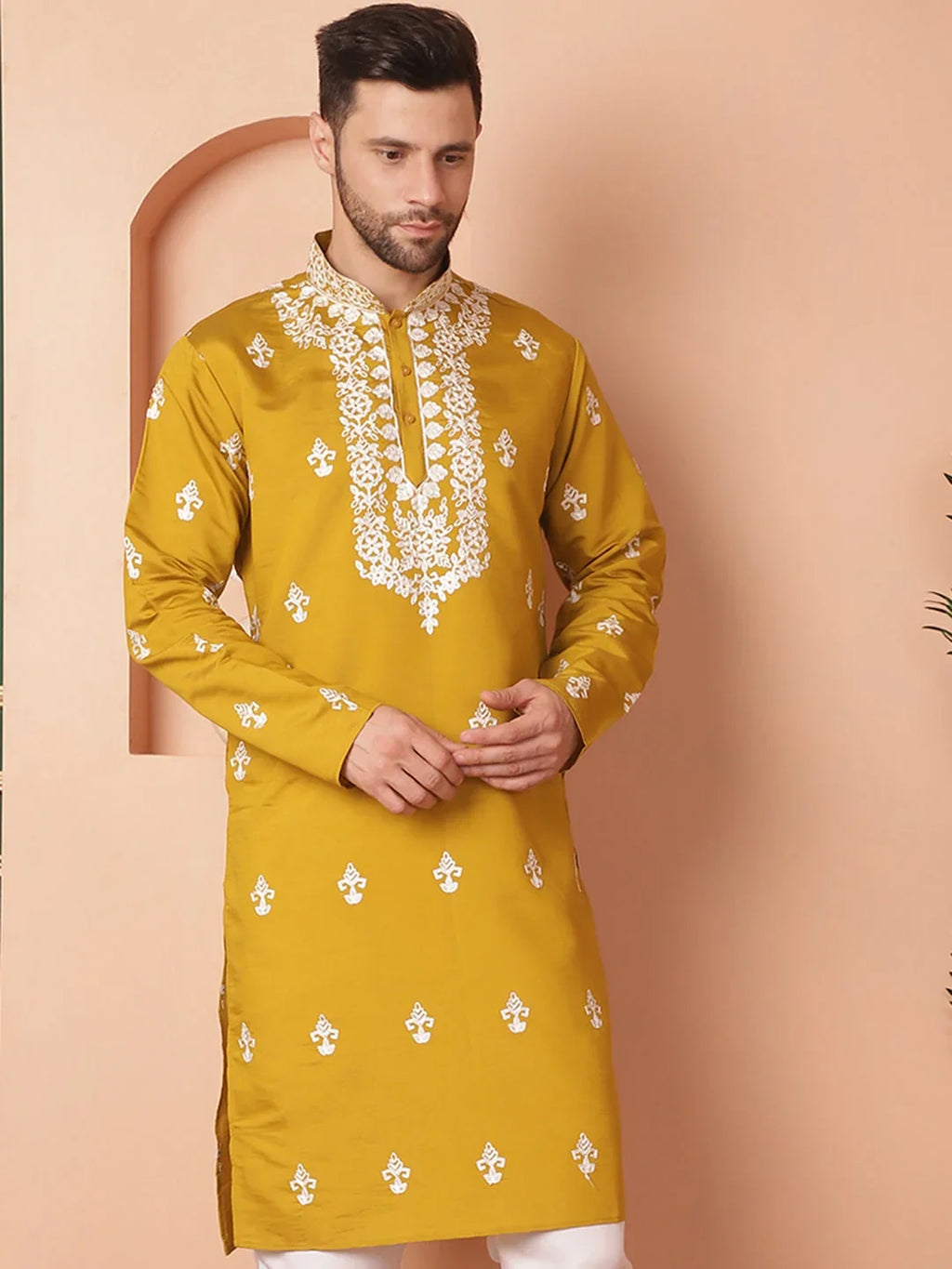 Men's Mustard Chikankari Embroidered Kurtas-KO-5051Mustard