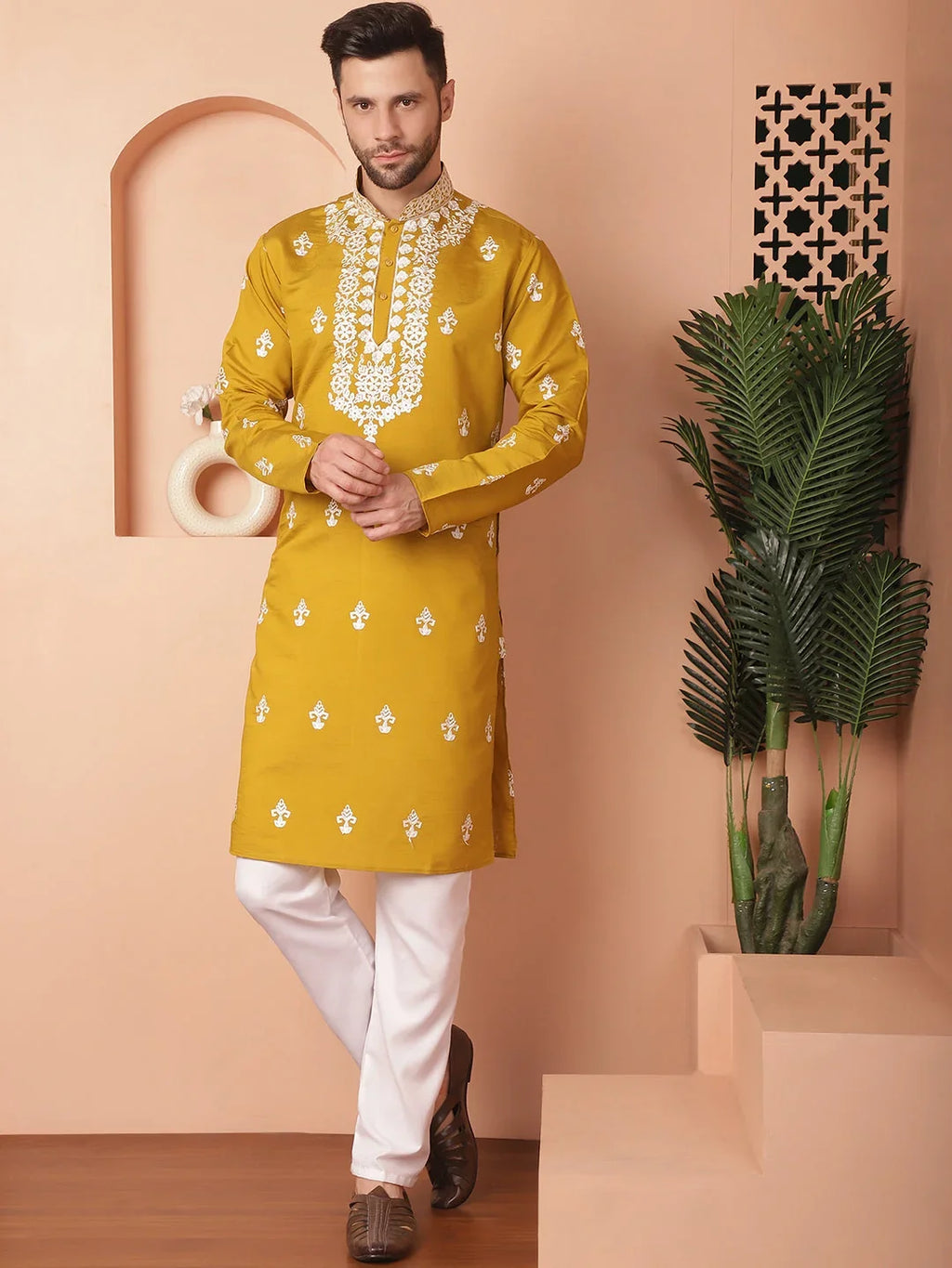 Men's Mustard Chikankari Embroidered Kurtas-KO-5051Mustard