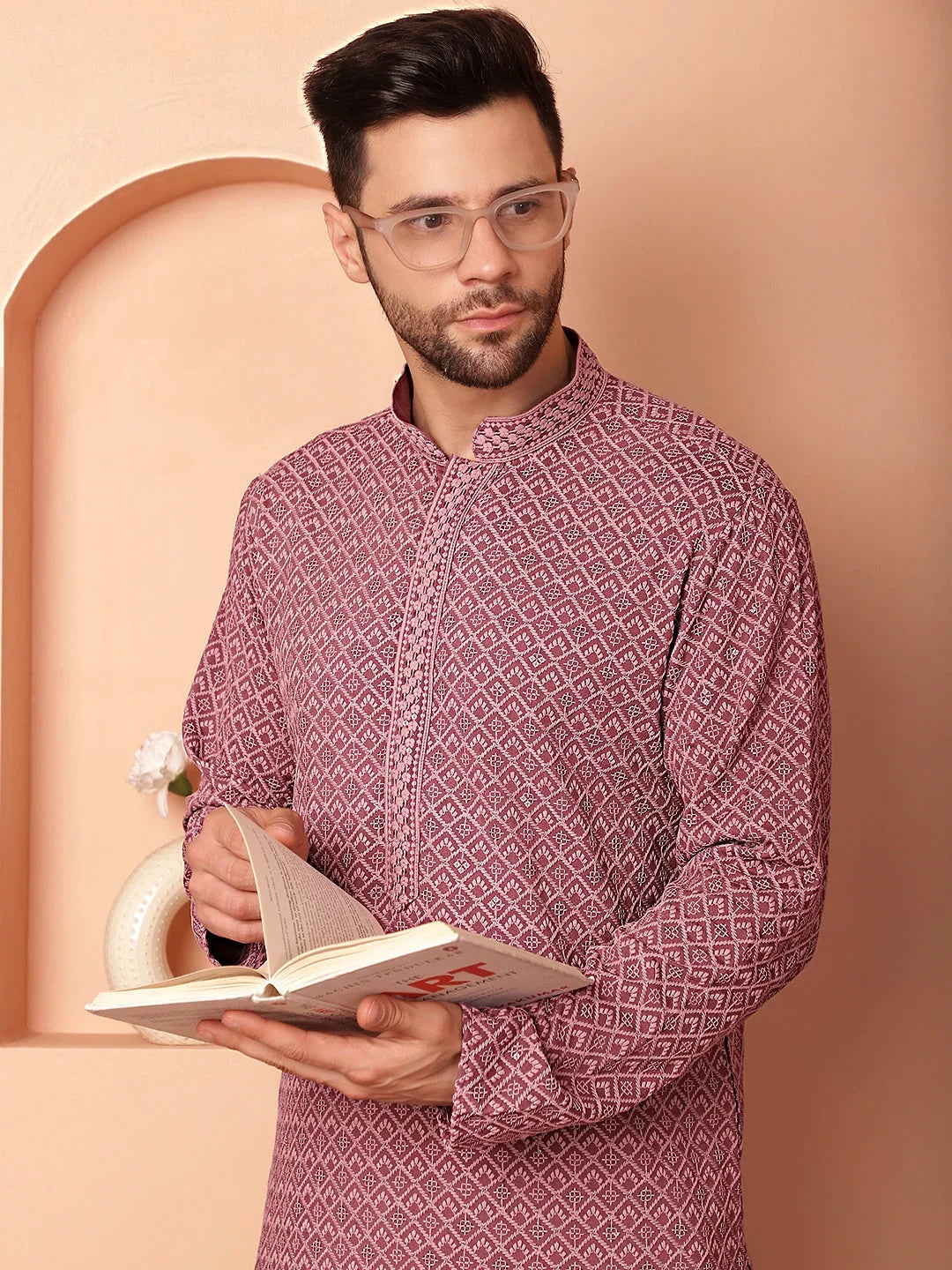 Men's Magenta Embroidered and Sequence Kurtas-KO-5052Magenta