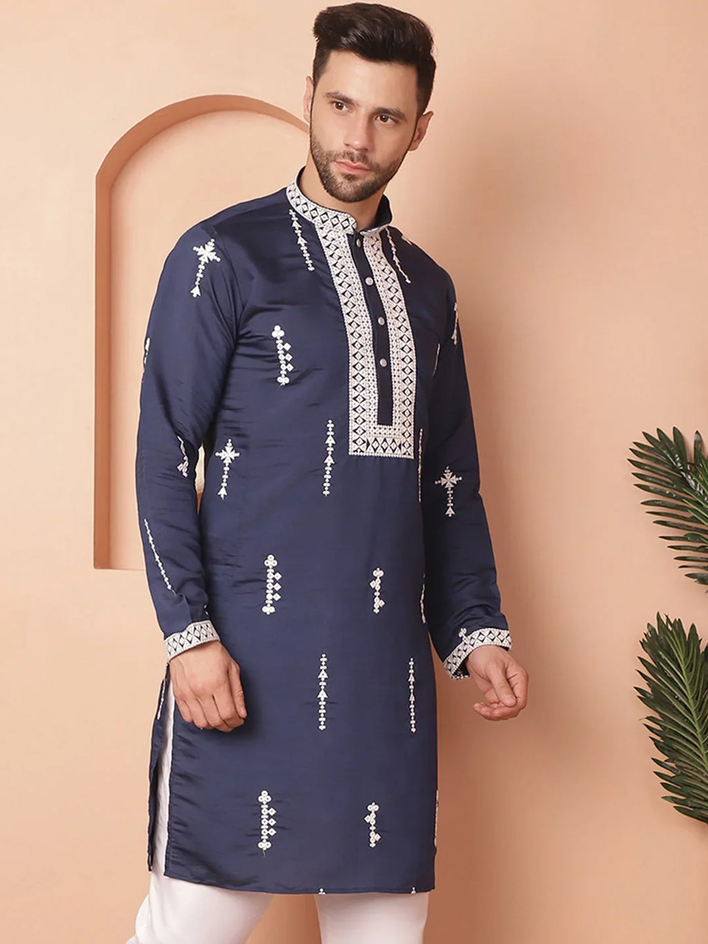 Men's Collar Chikankari Embroidered Kurtas-KO-5053Navy