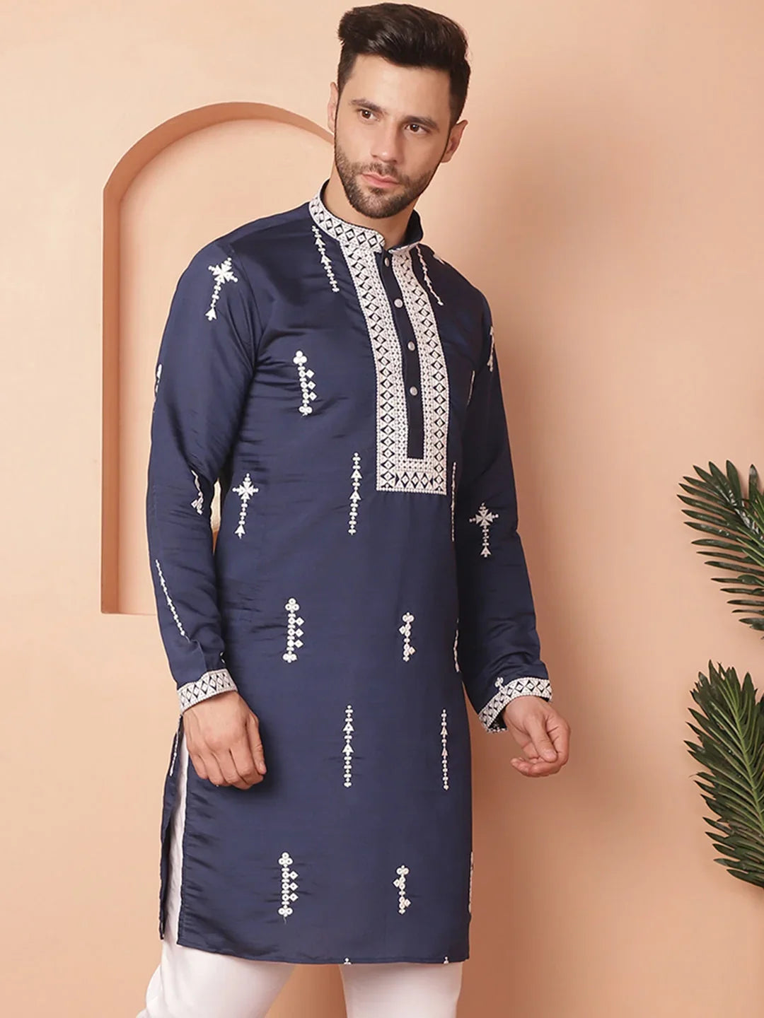 Men's Collar Chikankari Embroidered Kurtas-KO-5053Navy