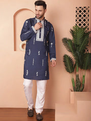 Men's Collar Chikankari Embroidered Kurtas-KO-5053Navy