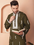 Men's Collar Chikankari Embroidered Kurtas-KO-5053Olive