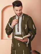 Men's Collar Chikankari Embroidered Kurtas-KO-5053Olive