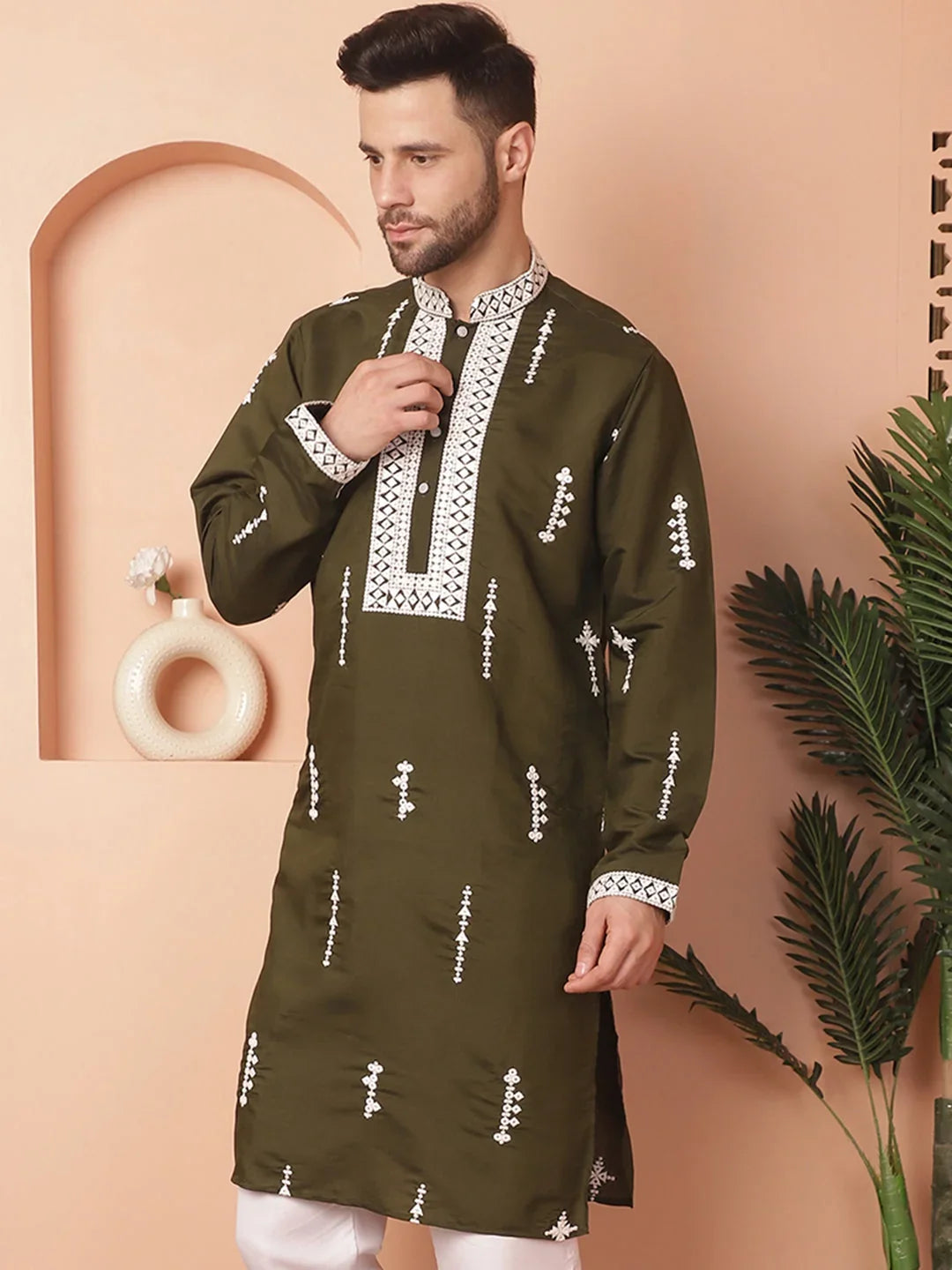 Green Cotton Solid Indian Wear KO_5053Olive | DesiQlo