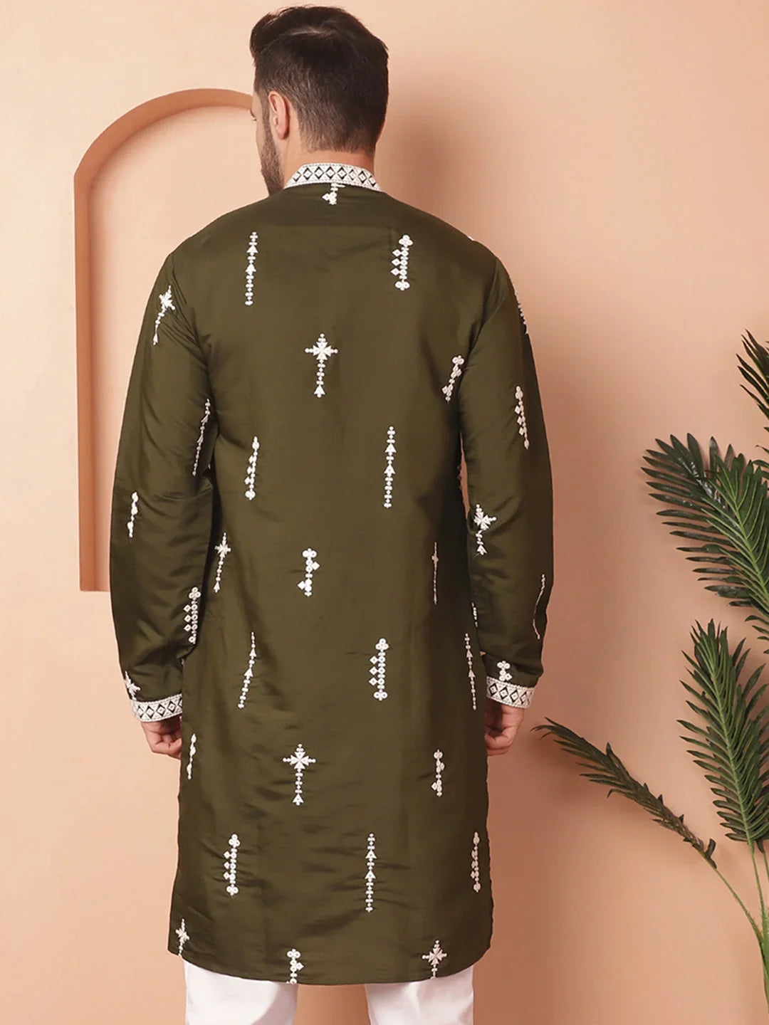 Men's Collar Chikankari Embroidered Kurtas-KO-5053Olive