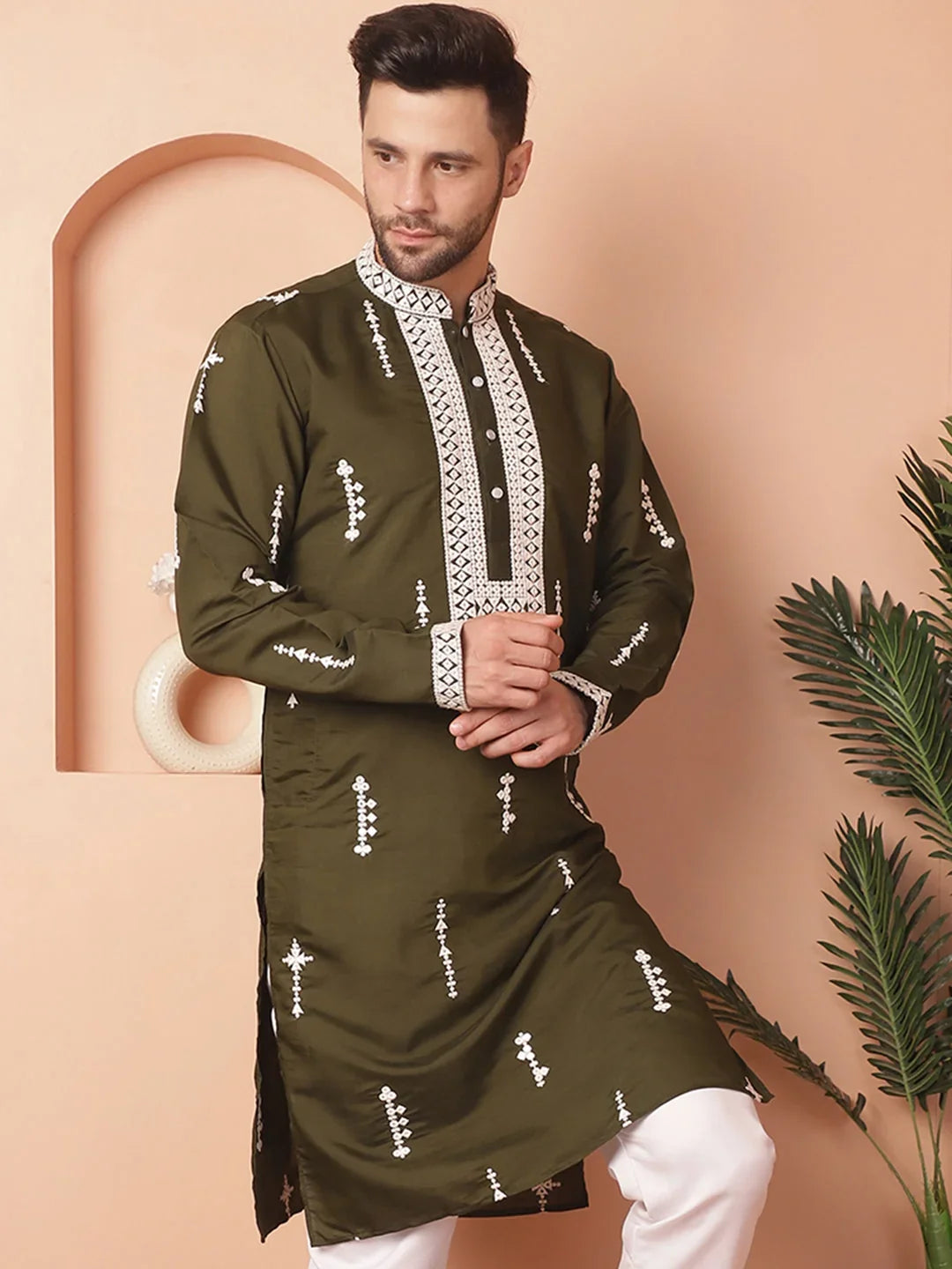 Green Cotton Solid Indian Wear KO_5053Olive | DesiQlo