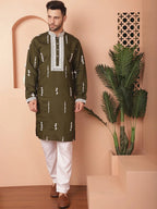 Men's Collar Chikankari Embroidered Kurtas-KO-5053Olive