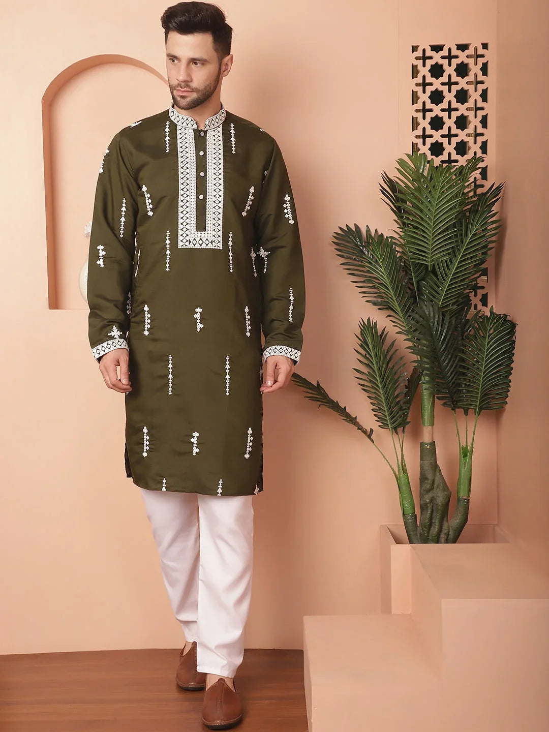 Men's Collar Chikankari Embroidered Kurtas-KO-5053Olive