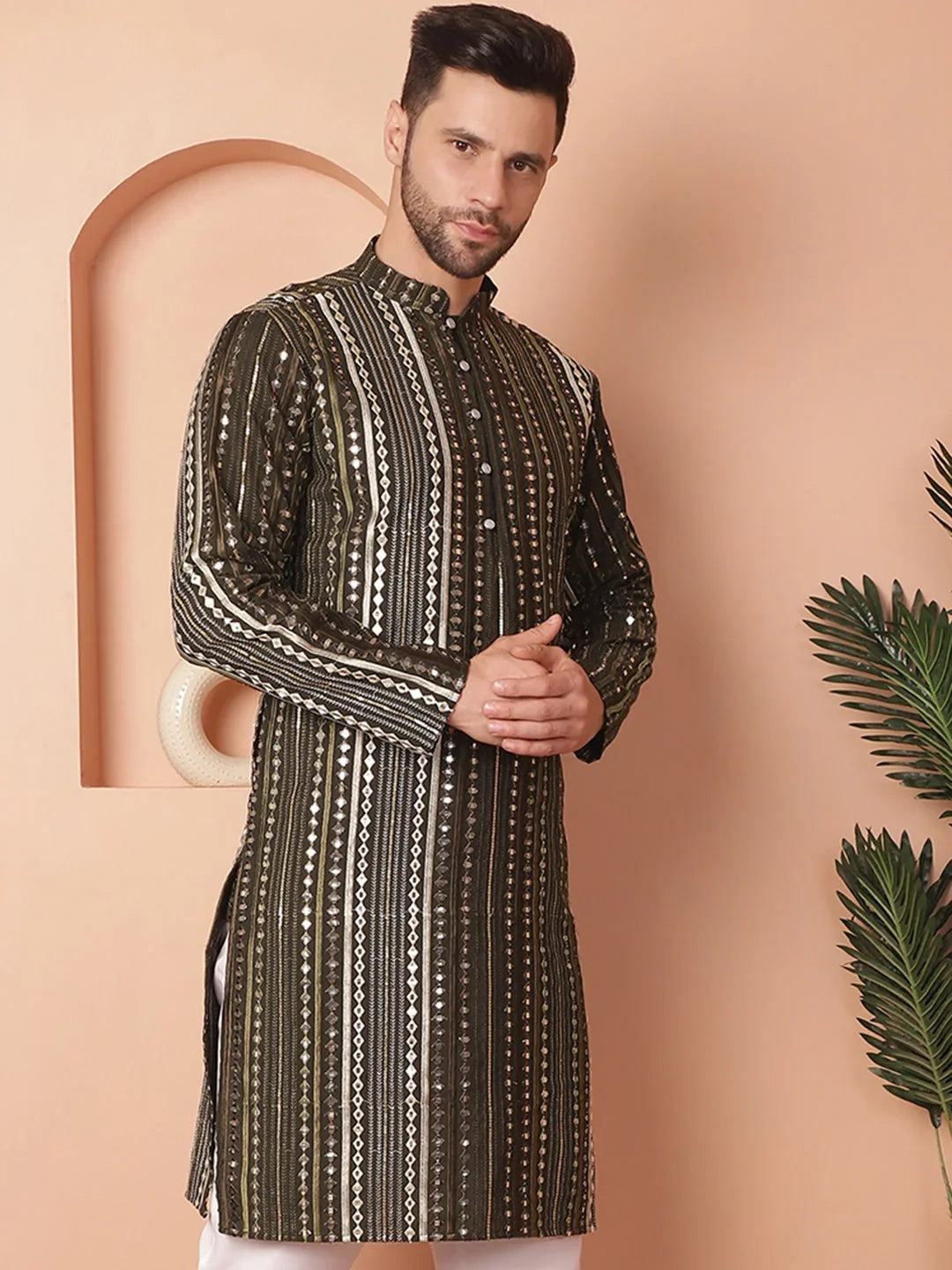 Men's Mirror Work Kurtas-KO-5055Mehndi