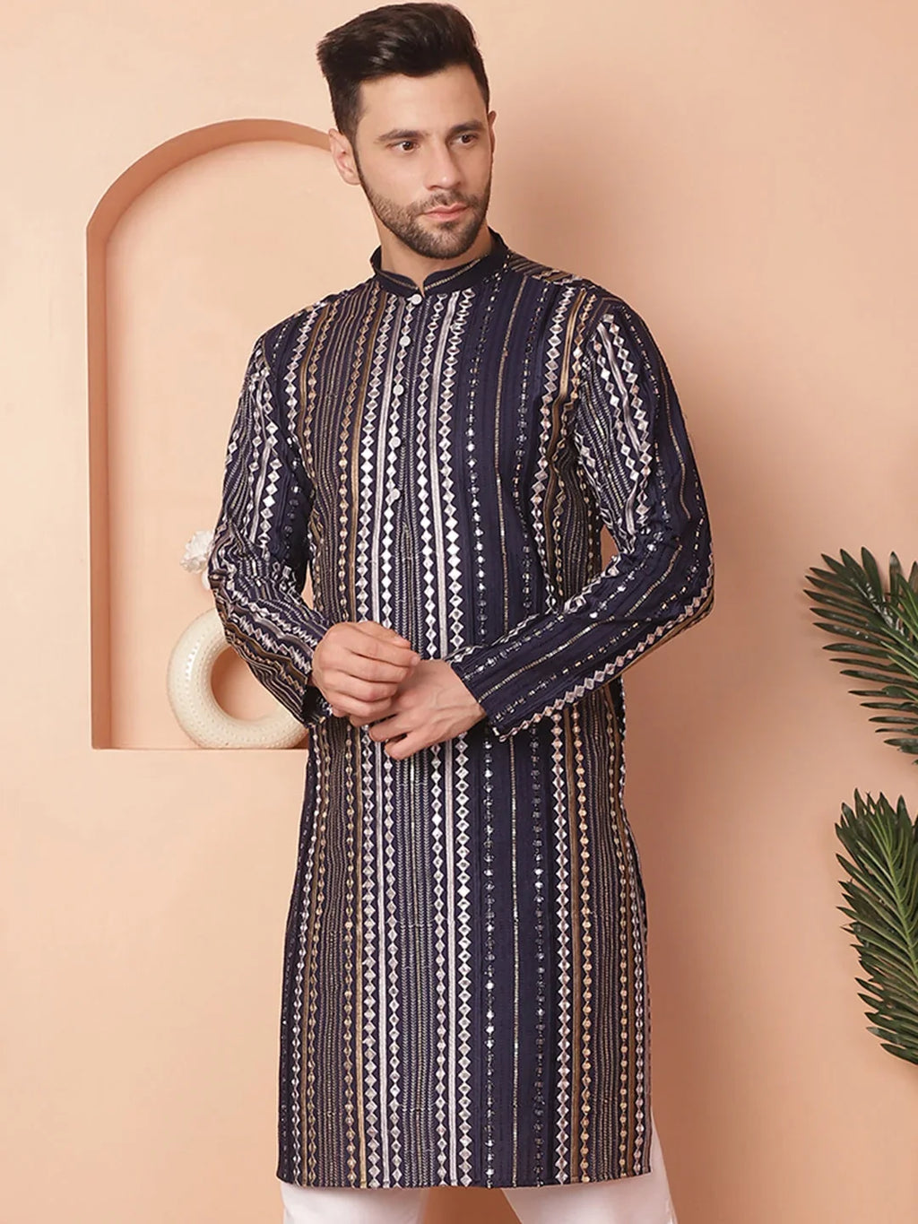 Men's Mirror Work Kurtas-KO-5055Navy